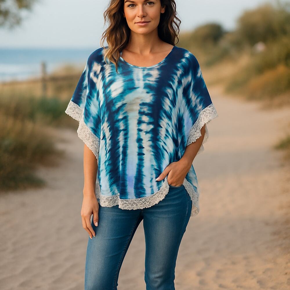 Veronica M tie dye lace beach swimsuit coverup tunic top stretch XS boho